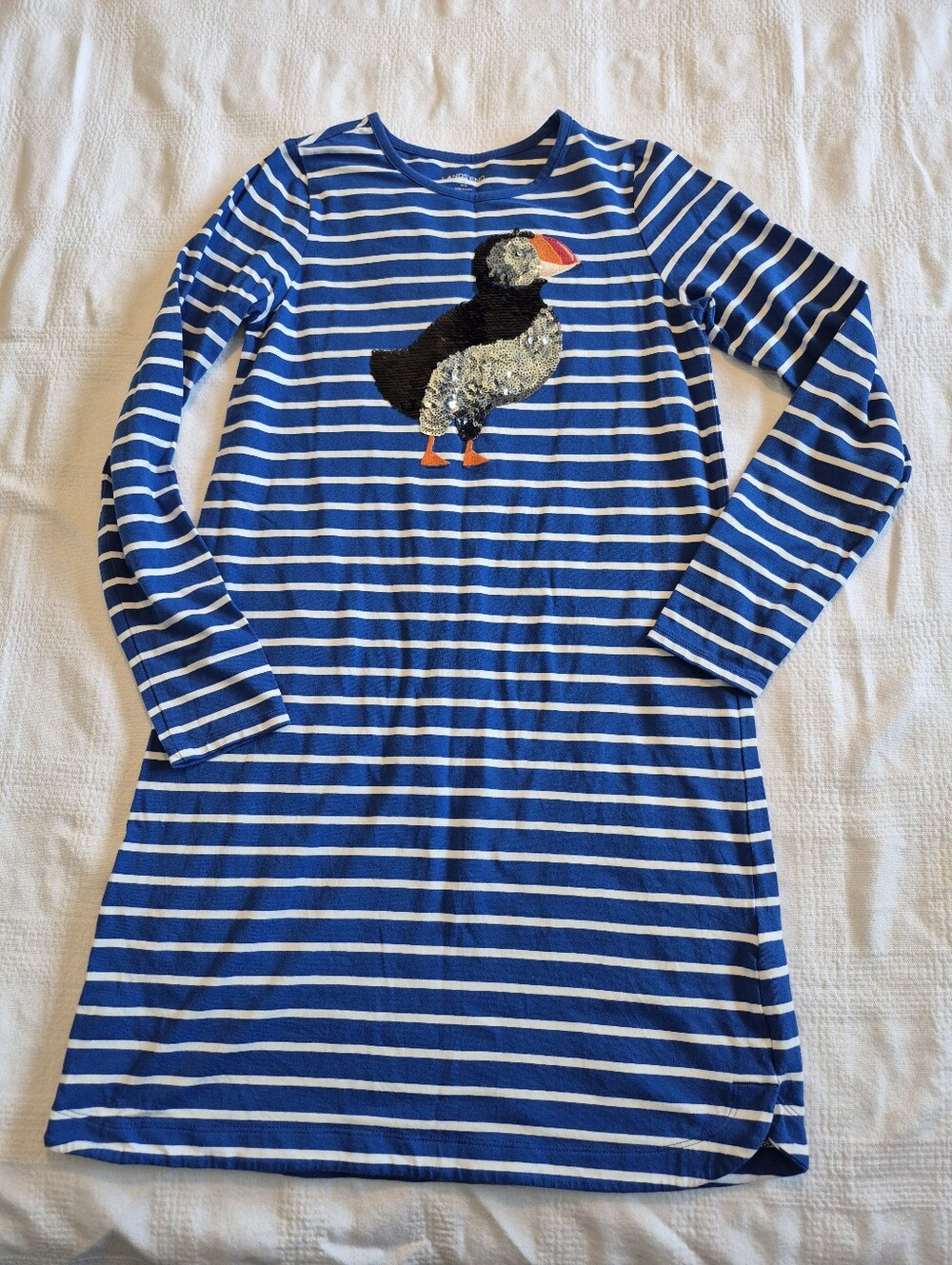 Lands End girls size M or 10/12 blue & white striped shirt dress sequined Puffin